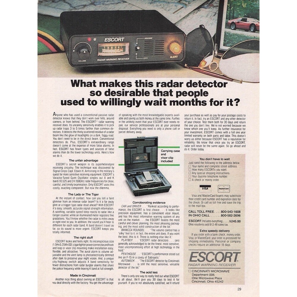 Vintage Escort Radar Detector Print Ad Cincinnati Microwave Wall Decor Art Car